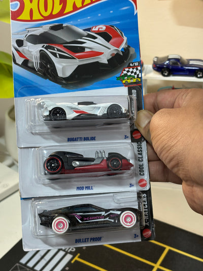 Hot Wheels 3-Car Bundle – Bugatti Bolide, Mod Mill & Bullet Proof